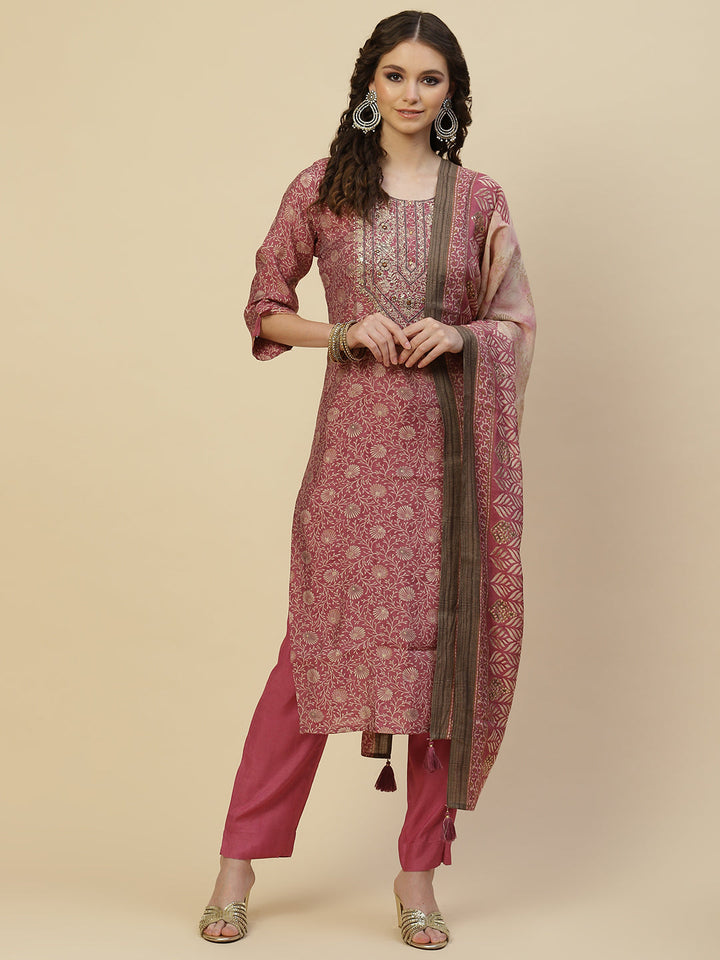 Floral Printed Cotton Kurta With Pants &amp; Dupatta
