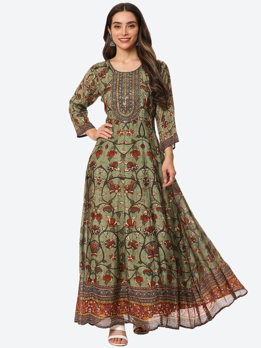 Mirror Neck Embroidered Printed Muslin Anarkali Kurta