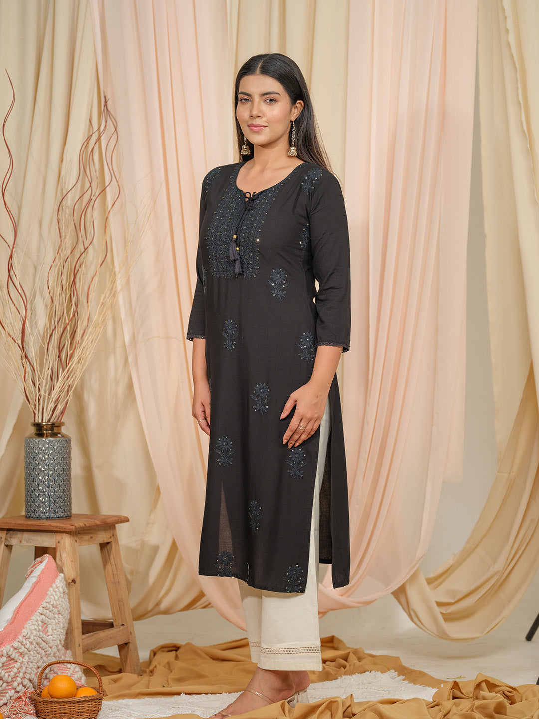 Black Art Silk Embroidered Kurta