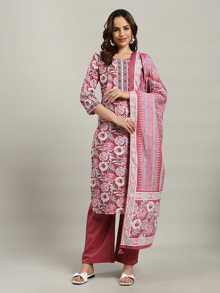 Floral Parinted Cotton Blend Kurta With Pants &amp; Dupatta