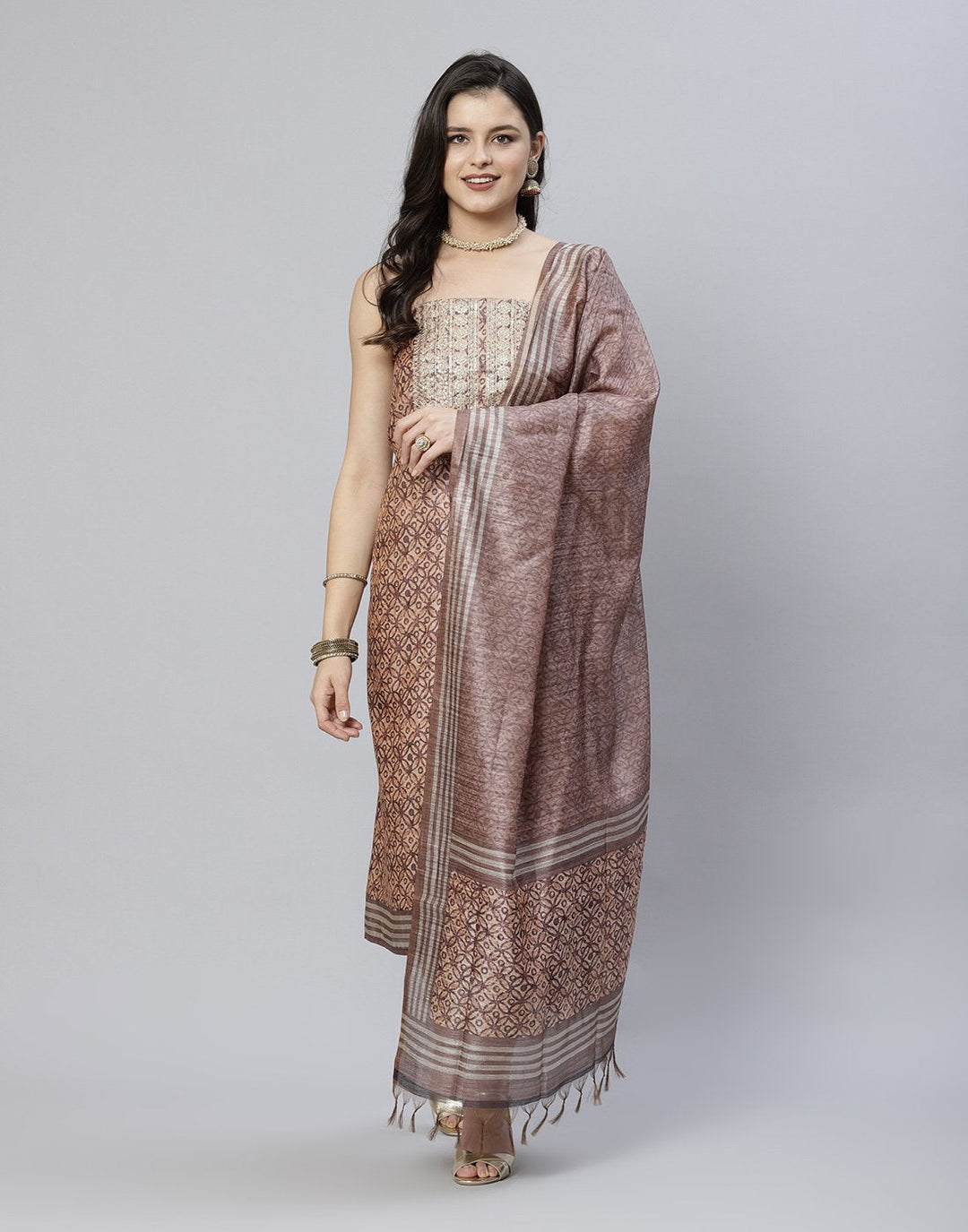 Printed Chanderi Suit Piece With Embroidered Yoke