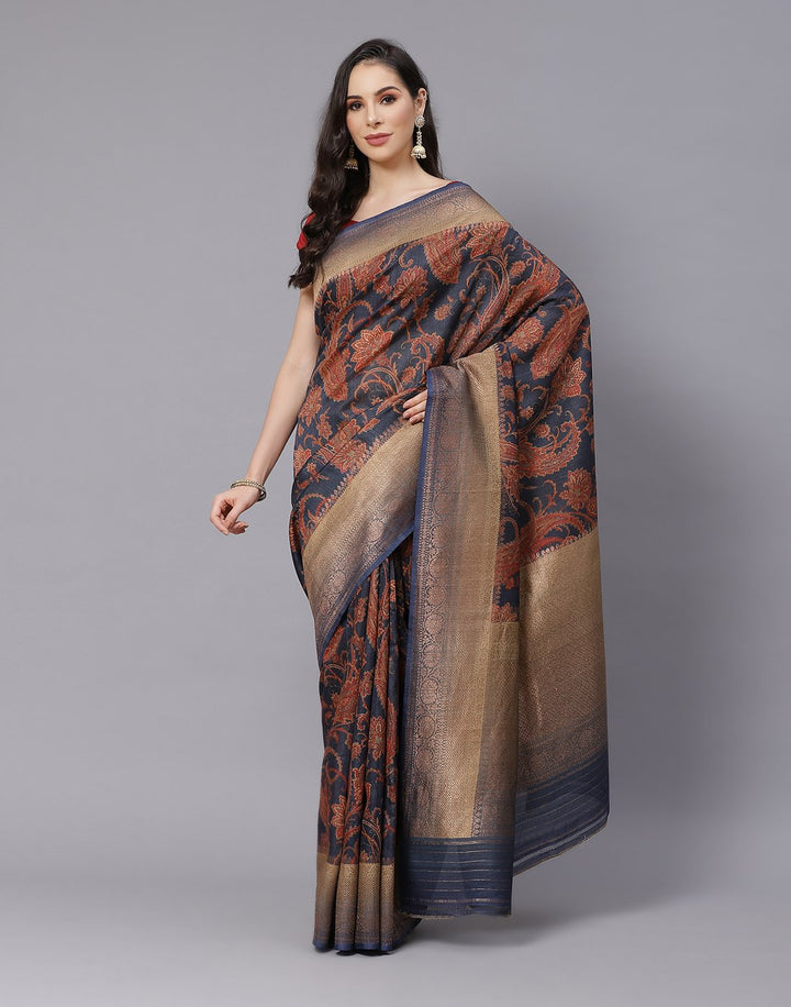 Printed Tussar Saree With Antique Zari Border