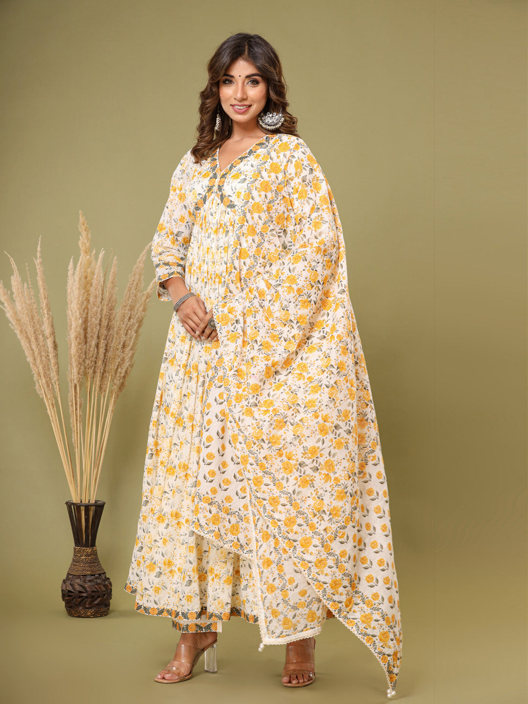 Floral Printed Cotton Kurta With Pants &amp; Dupatta