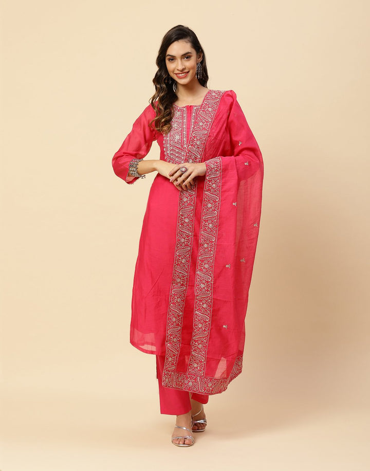 Embroidered Cotton Chanderi Salwar Kameez Stitched Suit With Chanderi Dupatta