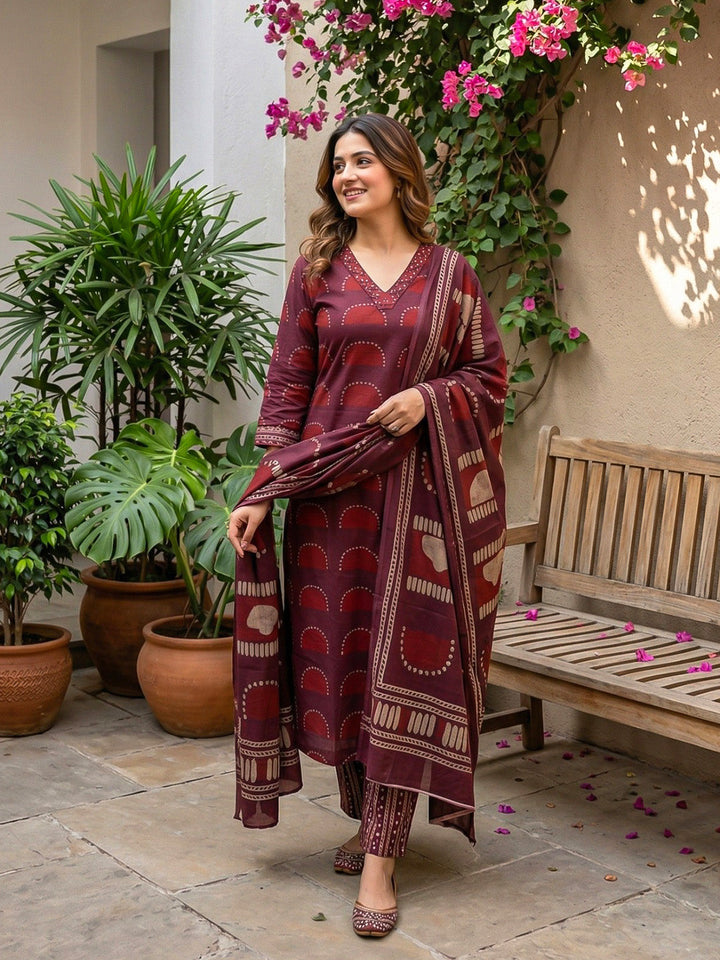 Red Cotton Blend Embroidered Straight Suit Set