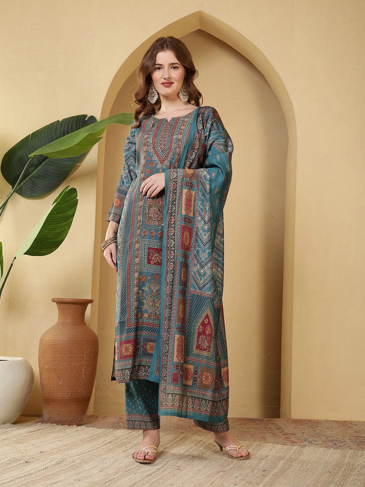 Neck Embroidered Muslin Kurta With Pants &amp; Dupatta