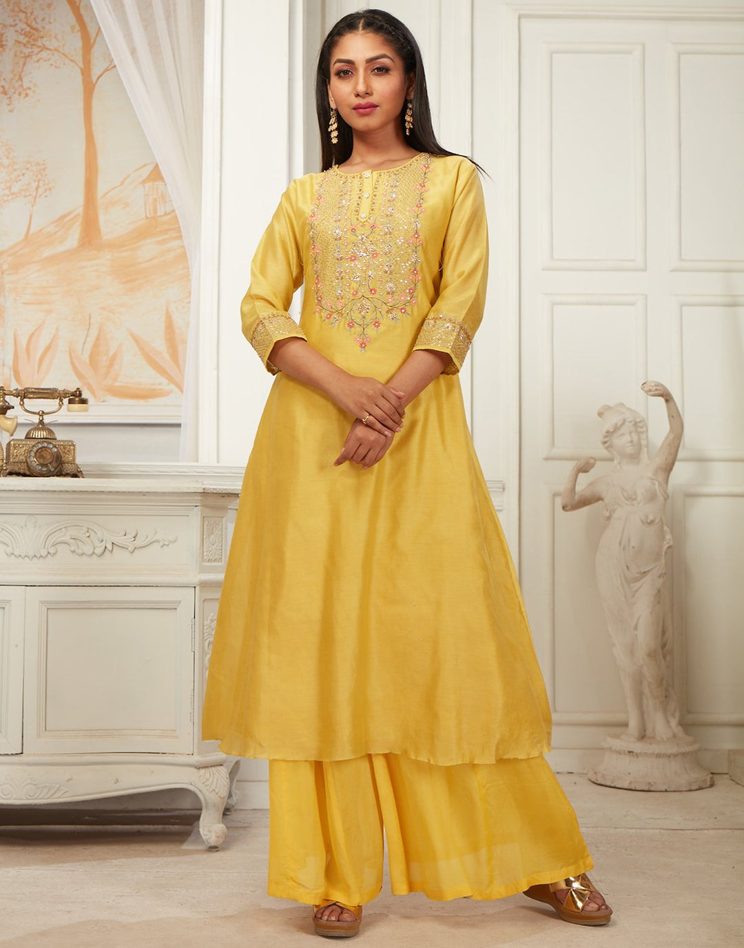 MBZ Meena Bazaar-Mustard Cotton Chanderi Kurti