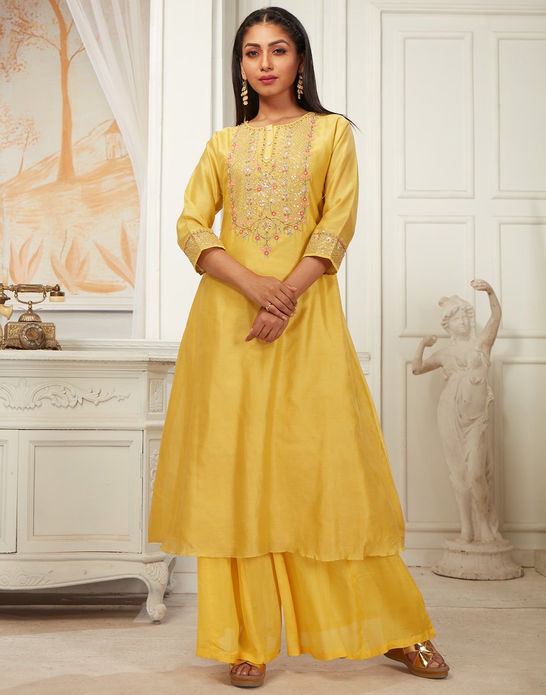 MBZ Meena Bazaar-Mustard Cotton Chanderi Kurti