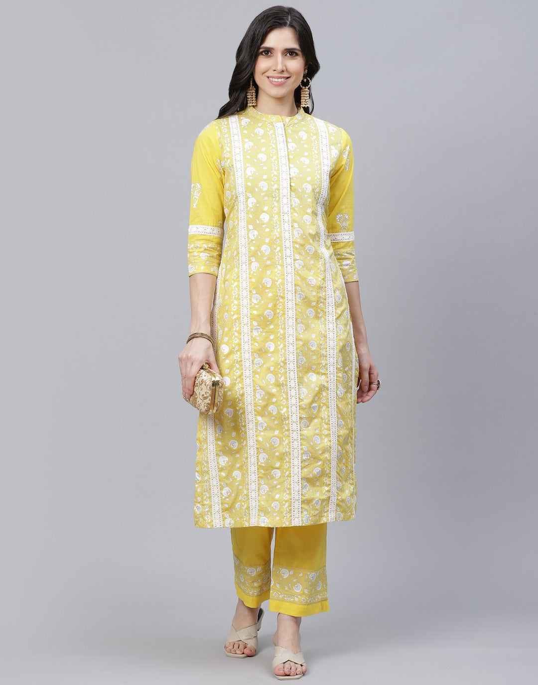 Printed Cotton Kurti Pant Set with Lace Detail