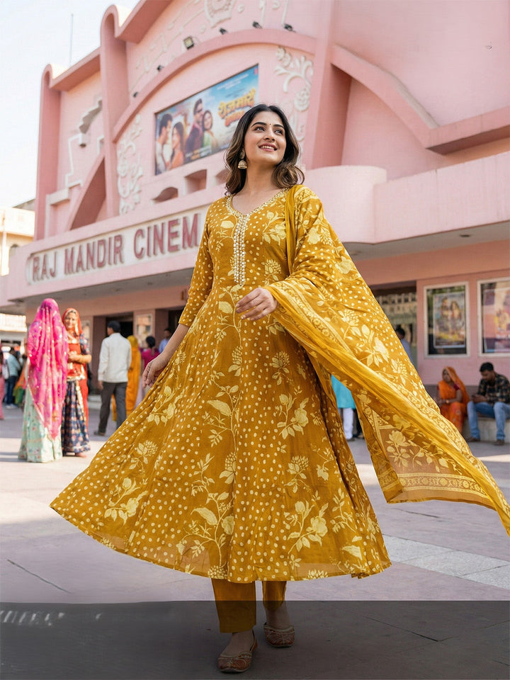 Mustard Cotton Blend Printed A Line Suit Set