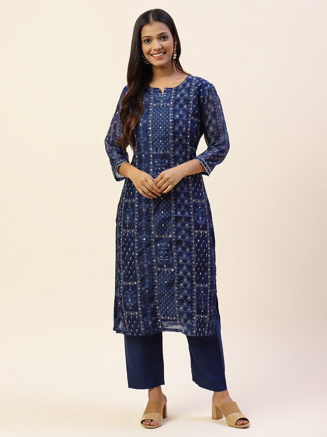 Printed Chanderi Kurta With Pants