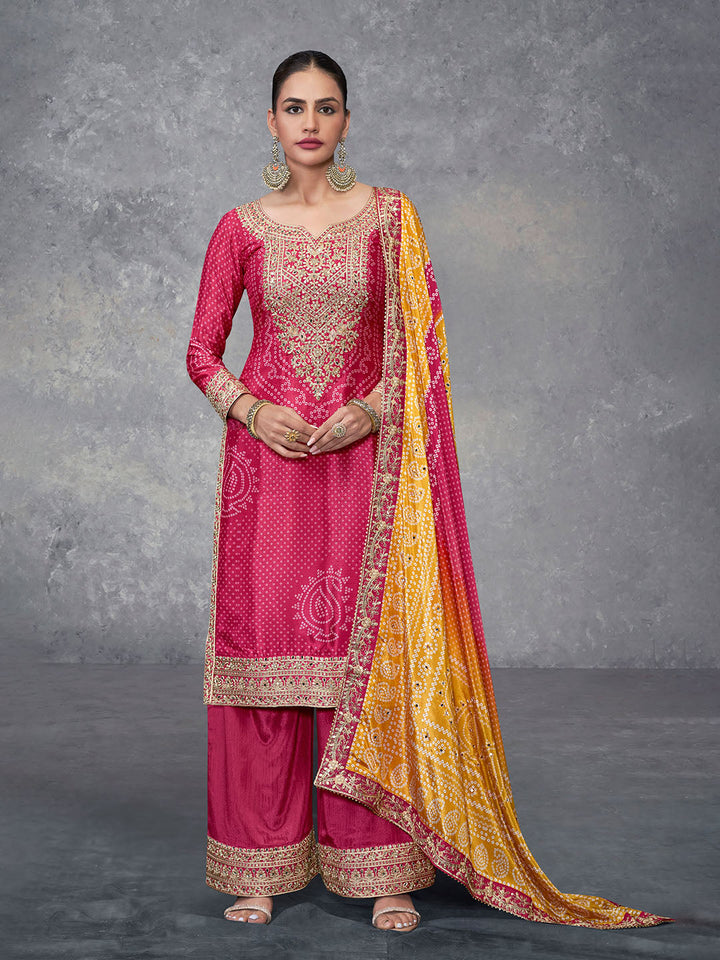Embroidered Chinon Kurta With Plazzo &amp; Dupatta