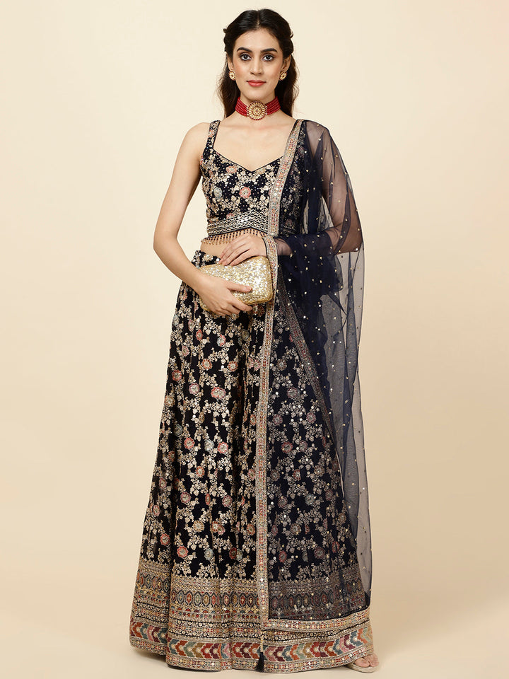 Zari Embroidered Georgette Crop Top With Palazzo &amp; Dupatta