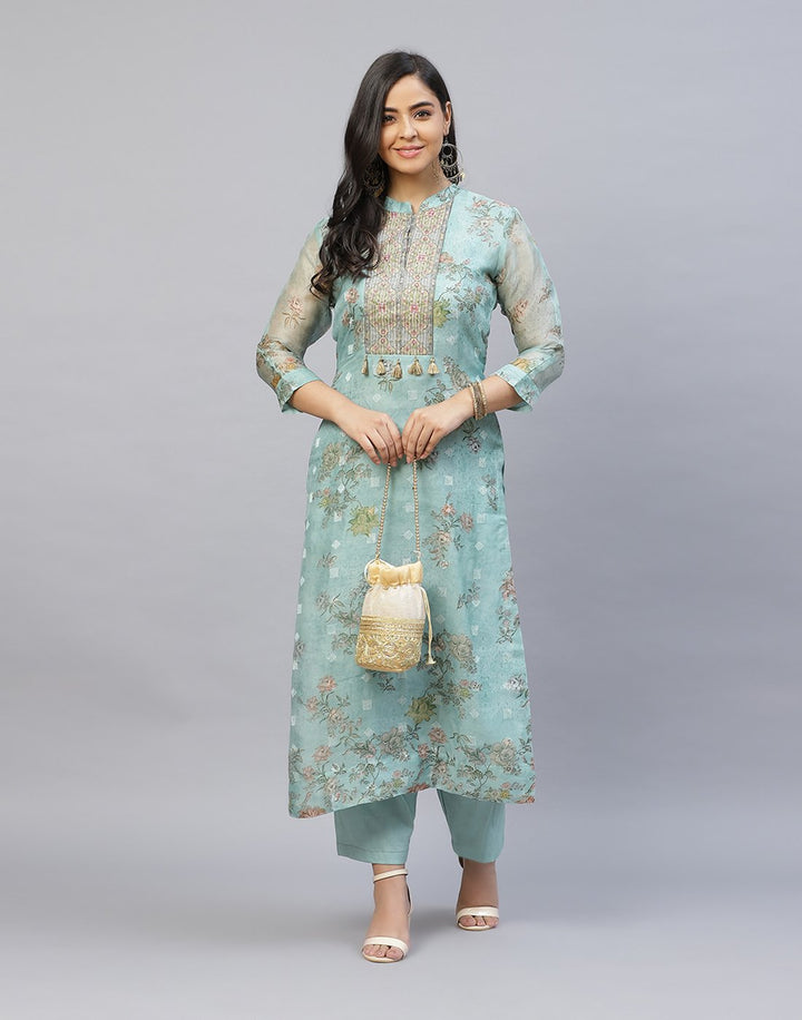 Organza Printed Kurti Pant Set with Yoke Detail