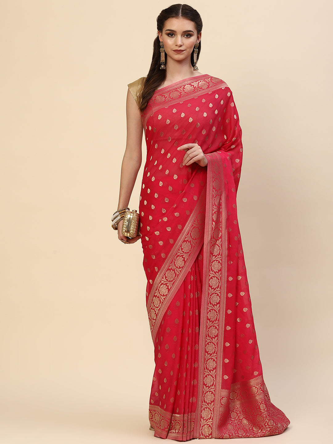 Zari Border Booti Georgette Plain Saree