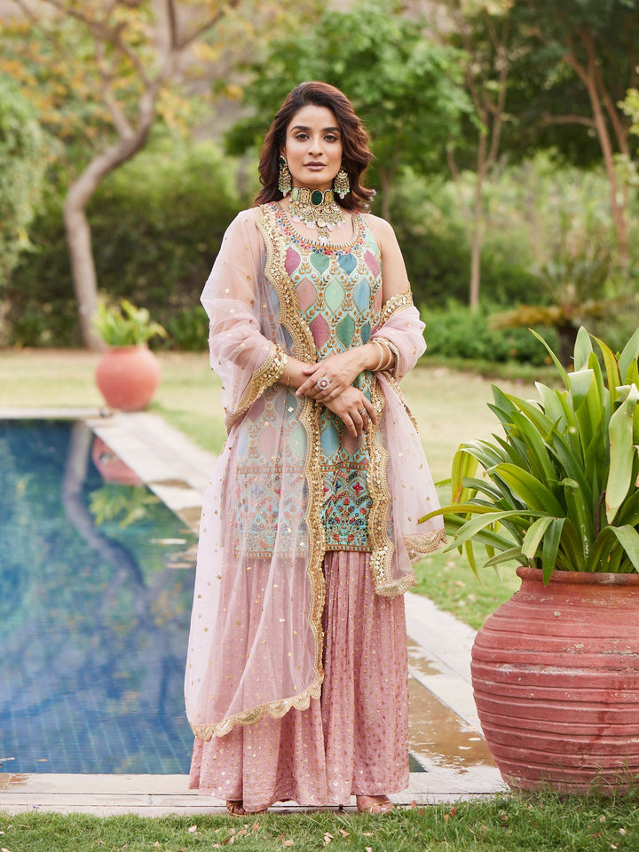 Resham Ghera Embroidered Georgette Kurti With Garara &amp; Dupatta