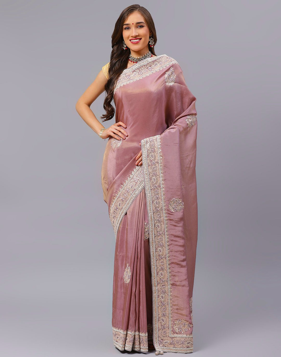 Embroidery Pista Green and Mauve Saree