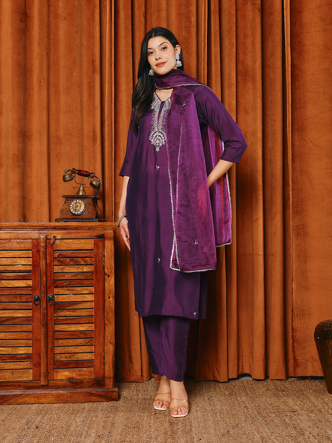 Resham Work Cotton Blend Kurta With Pants &amp; Dupatta