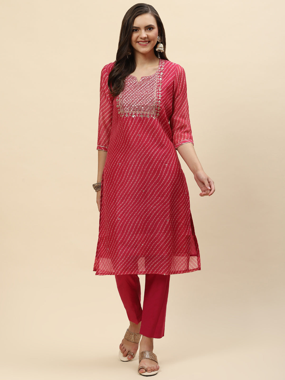 Mirror Embroidered &amp; Lehriya Chanderi Kurta With Pants