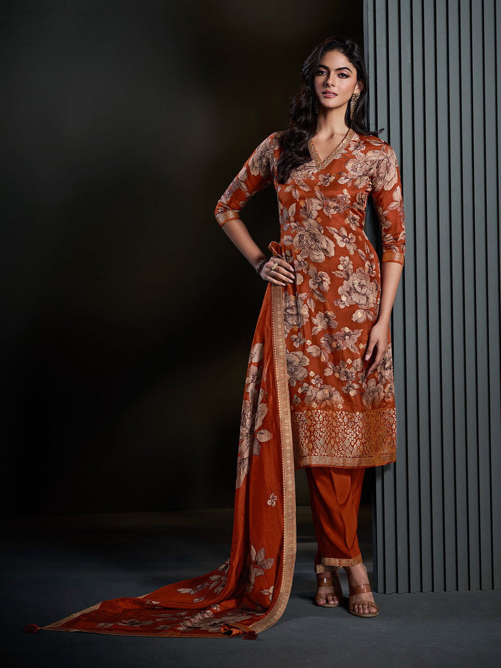 Rust Printed Art Silk Kurta With Pant & Dupatta