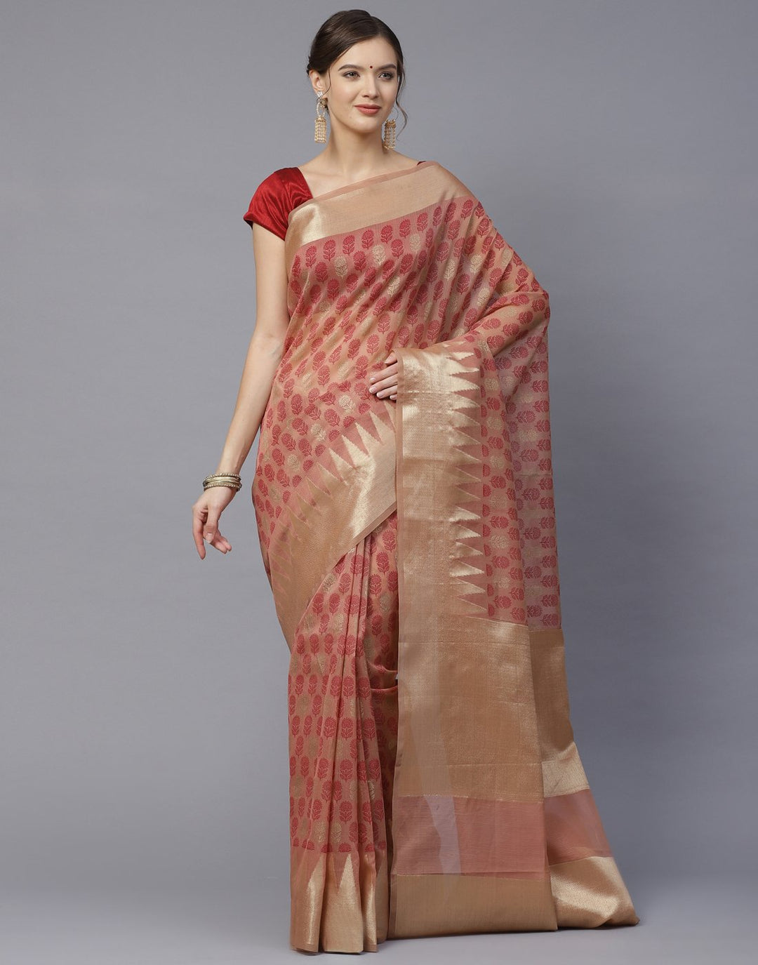 Cotton Printed Super Net Saree with Temple Border