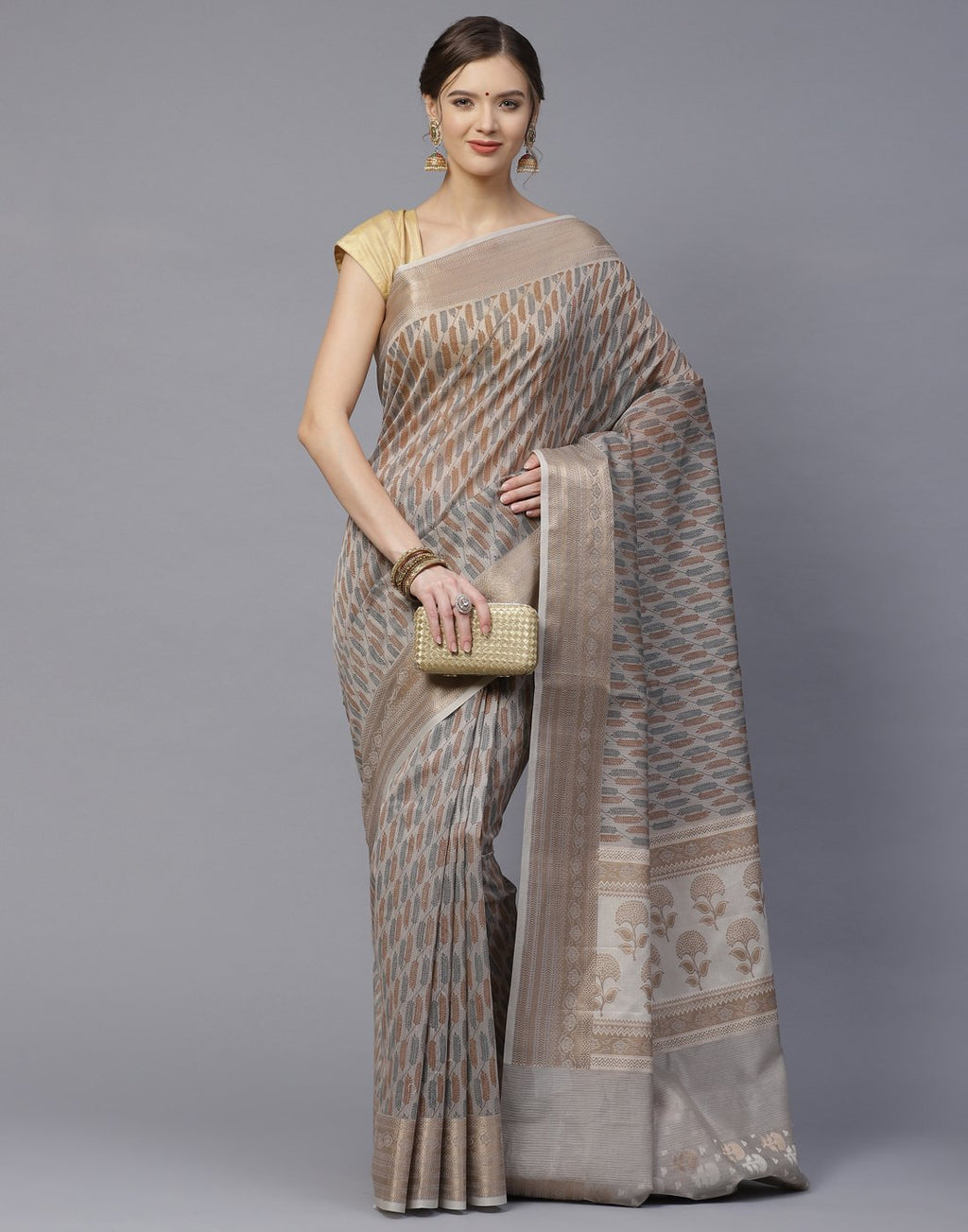 Cotton Printed Saree with Golden Zari Border