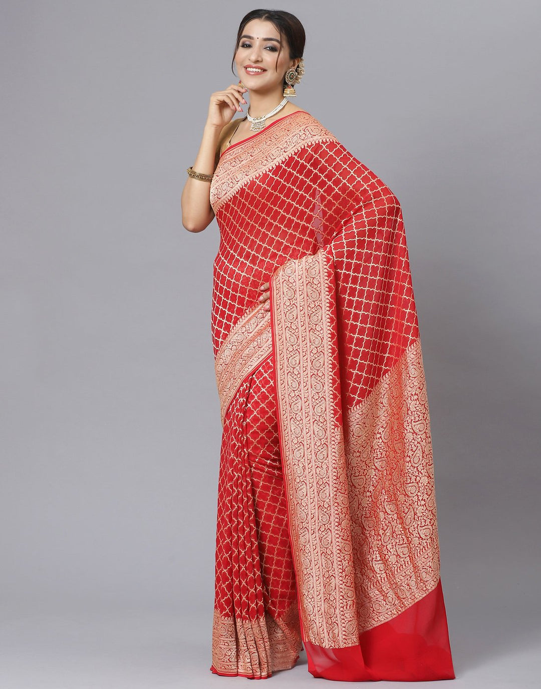 MBZ Meena Bazaar-Red Georgette Banarasi Khaddi Saree