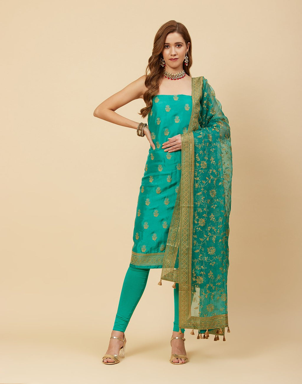 Embroidered Art Handloom Dupion Suit Piece With Organza Dupatta