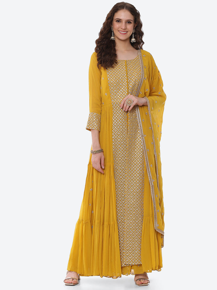 Zari Booti Neck Embroidered Georgette Kurta With Palazzo &amp; Dupatta