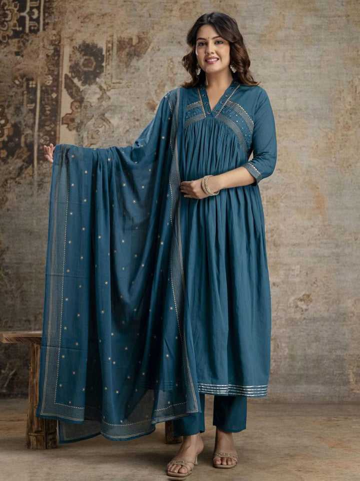 Blue Cotton Blend Embroidered Straight Suit Set