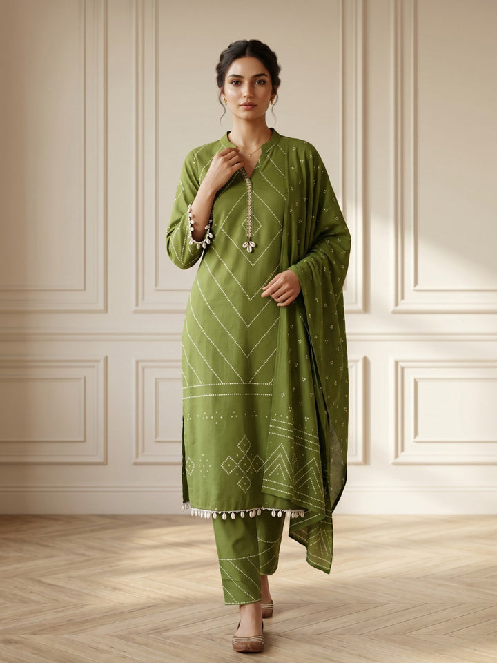 Green Embroidered Cotton Blend Straight V Neck Suit Set