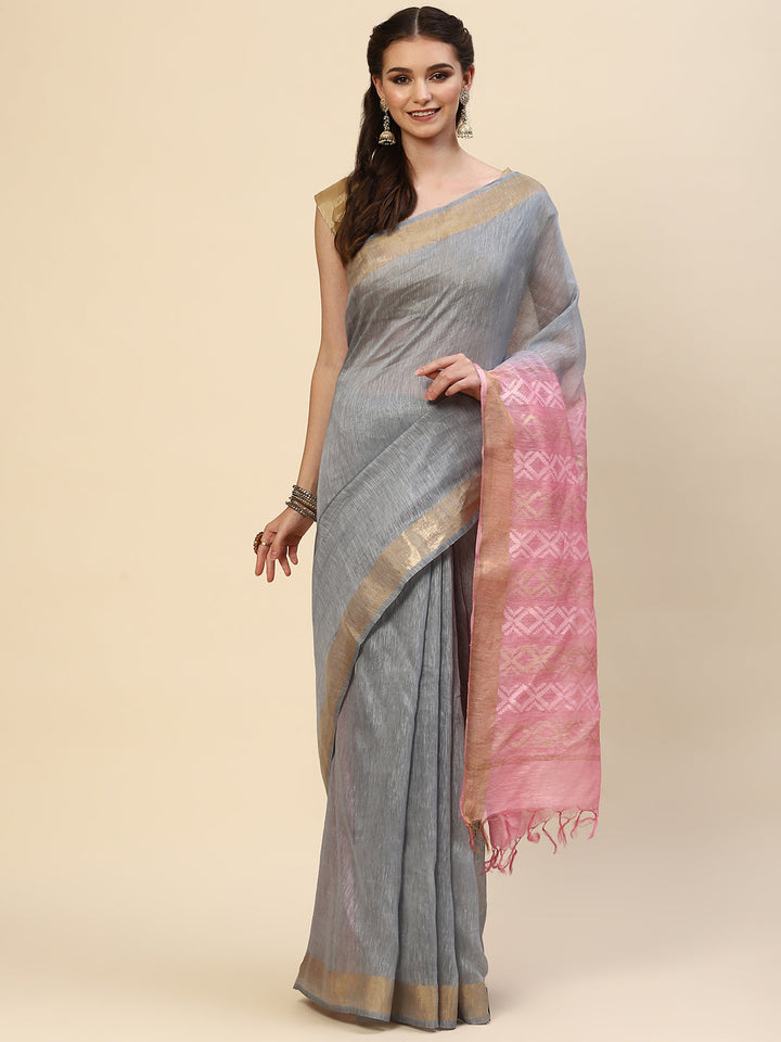 Resham Border Linen Woven Saree