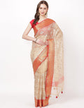 Beige Red Cotton Tissue Saree