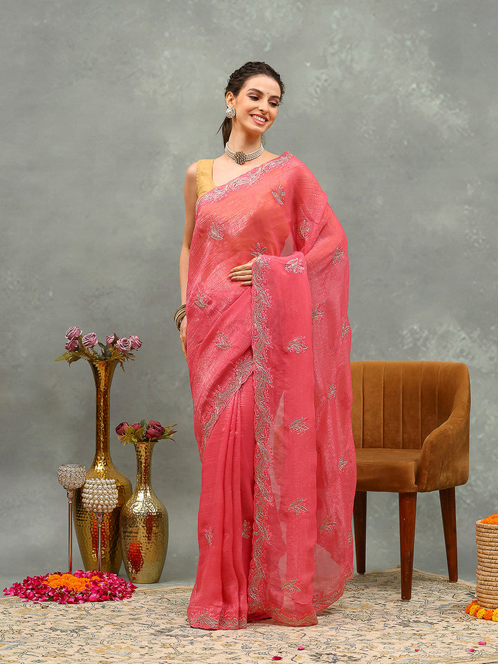 Thread Embroidered Chiffon Saree