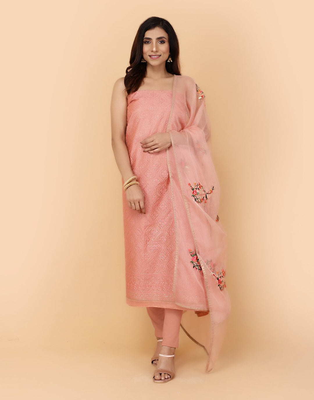 Embroidered Chanderi Suit Piece With Organza Dupatta