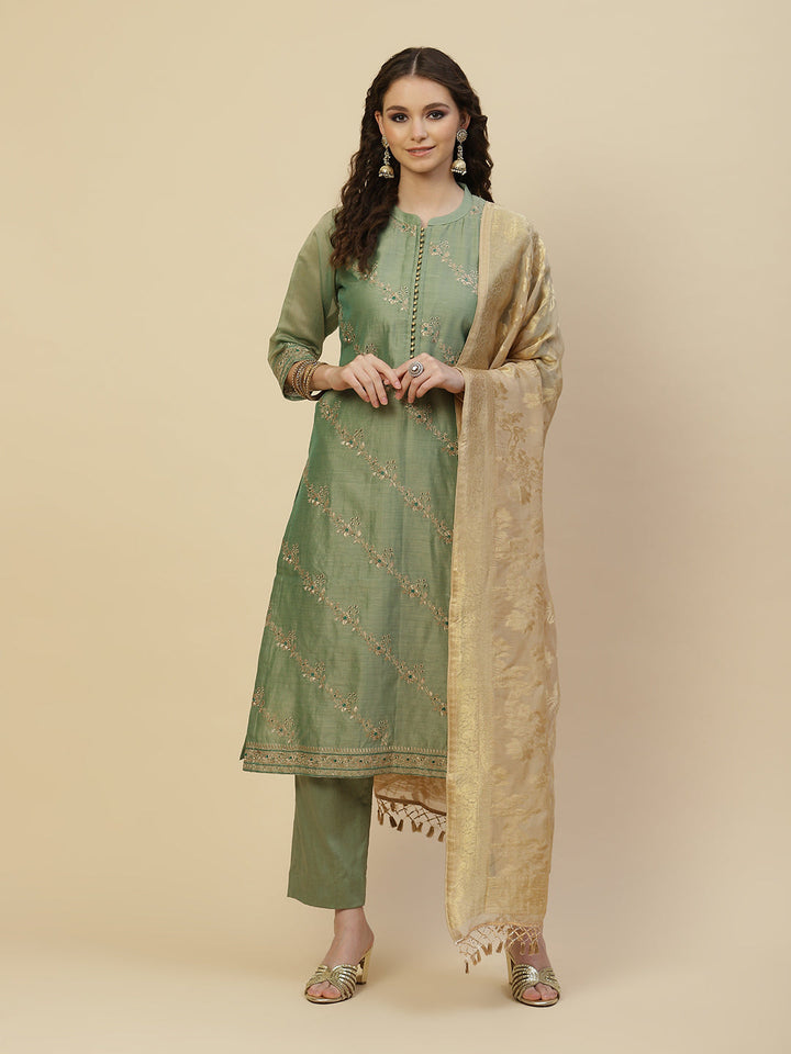 Zari Booti Cotton Kurta With Pants &amp; Dupatta