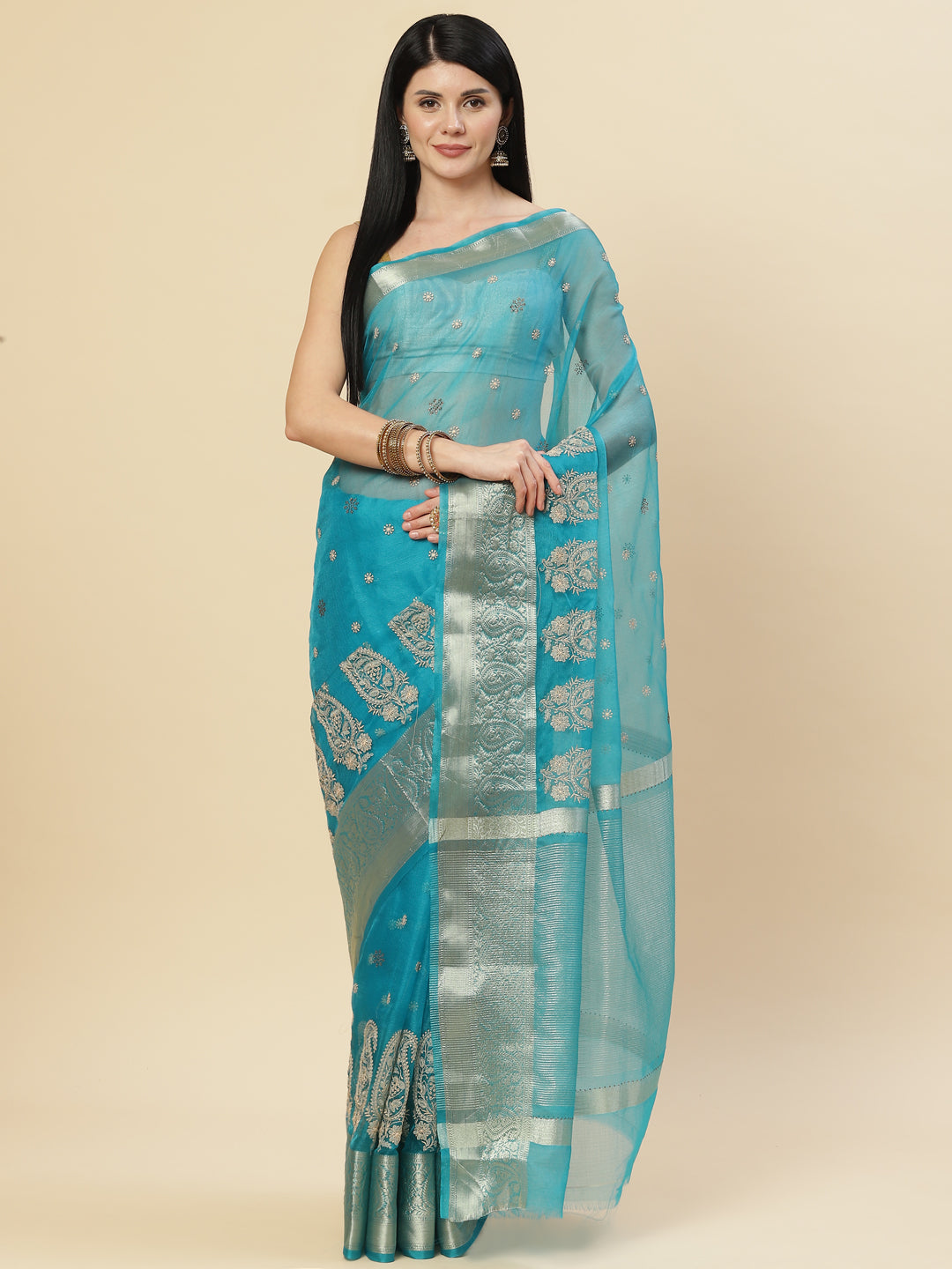 Embroidered Booti Organza Plain Saree