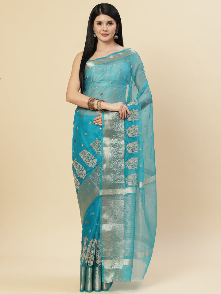 Embroidered Booti Organza Plain Saree
