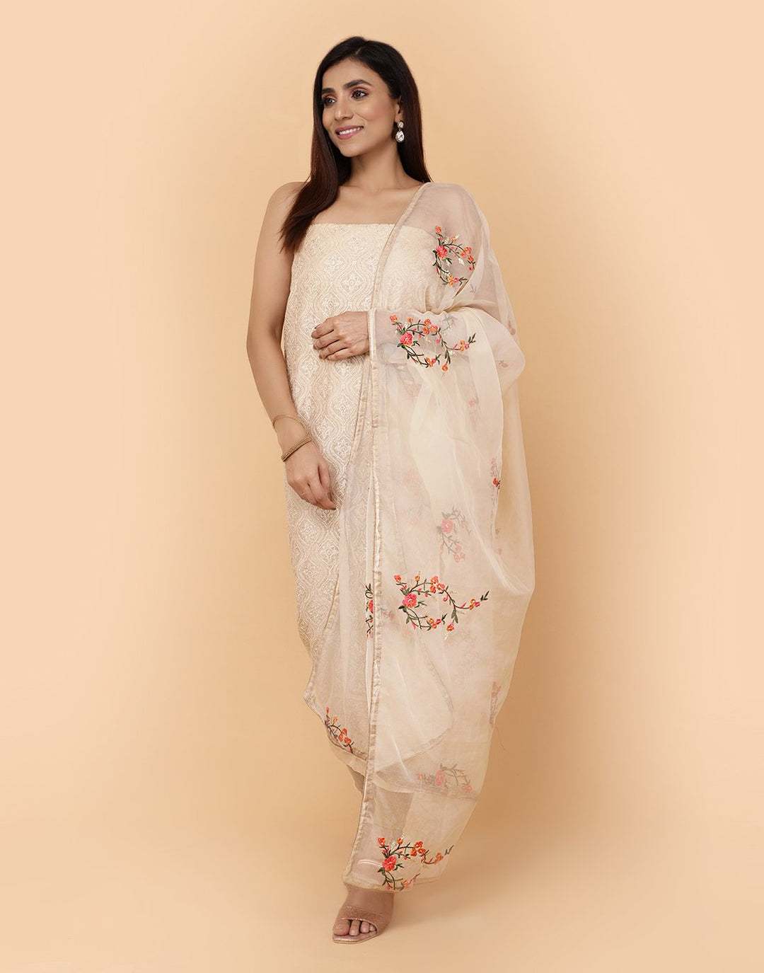 Embroidered Chanderi Suit Piece With Organza Dupatta