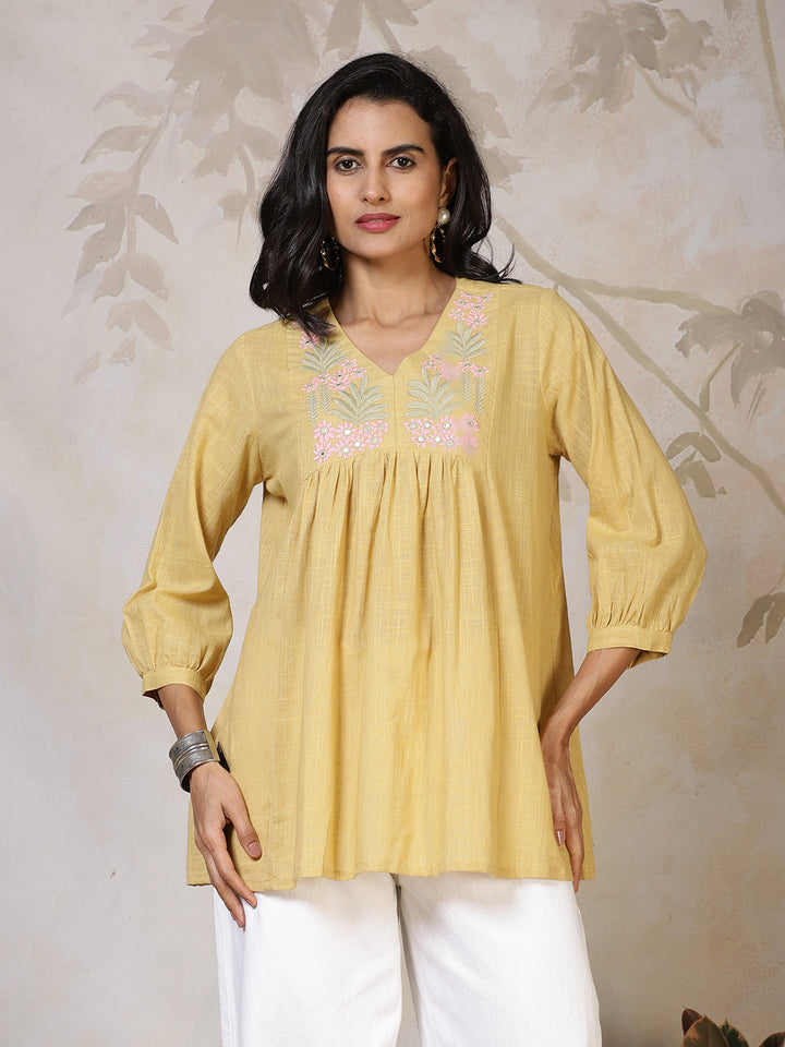Yellow Cotton Printed Kurti