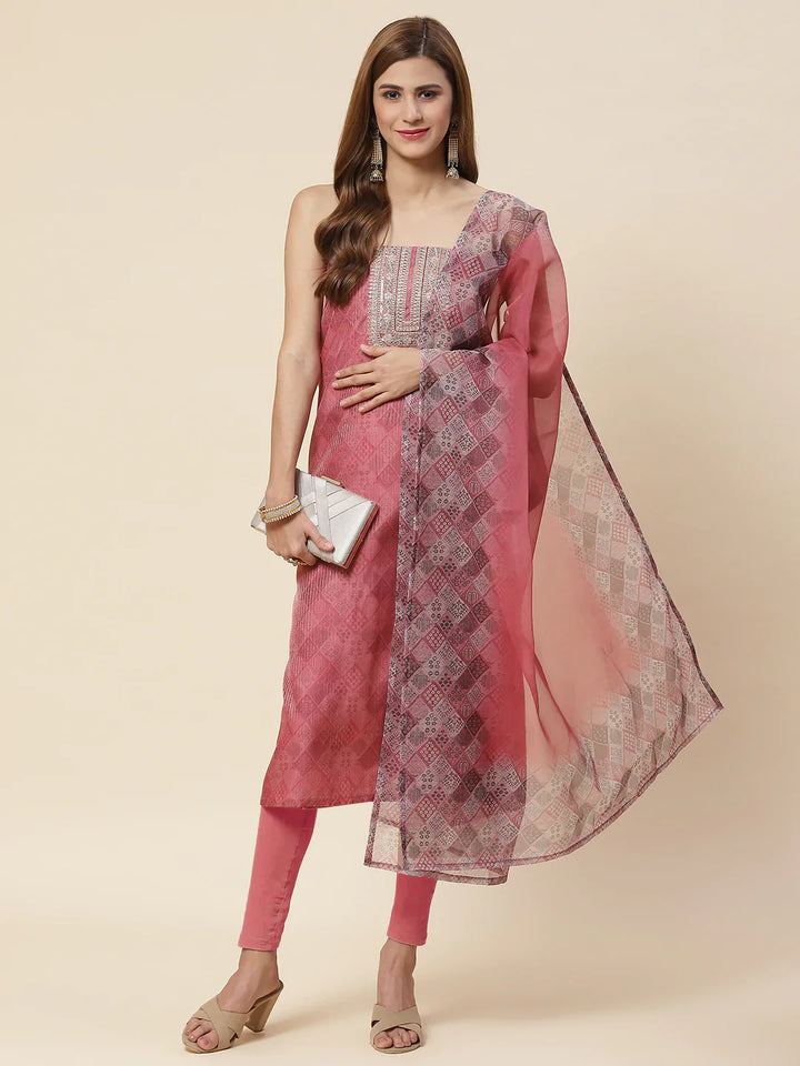 Neck Embroidered Chanderi Unstitched Suit Piece With Dupatta