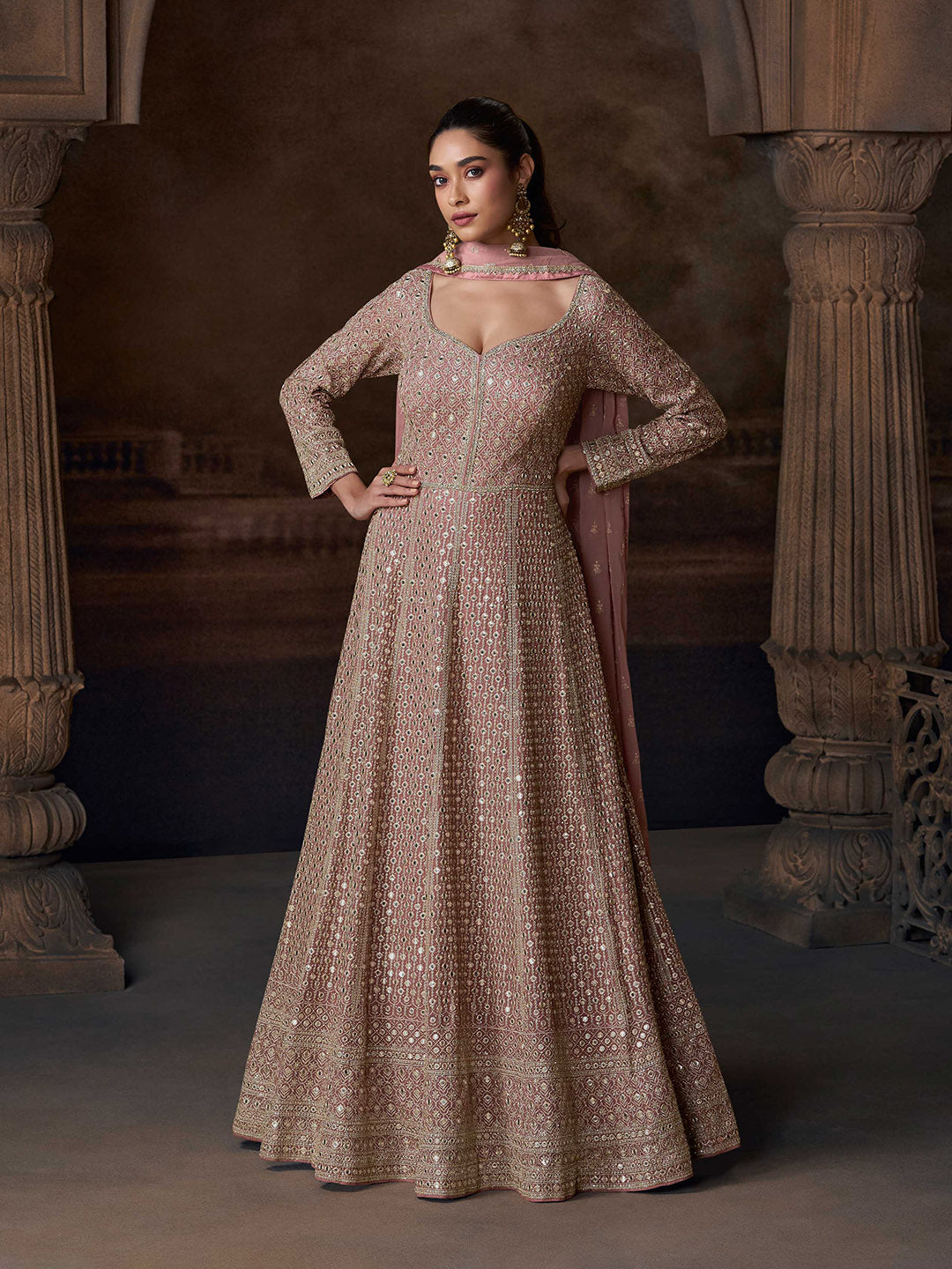 Embroidered Chinon A Line Dress With Dupatta