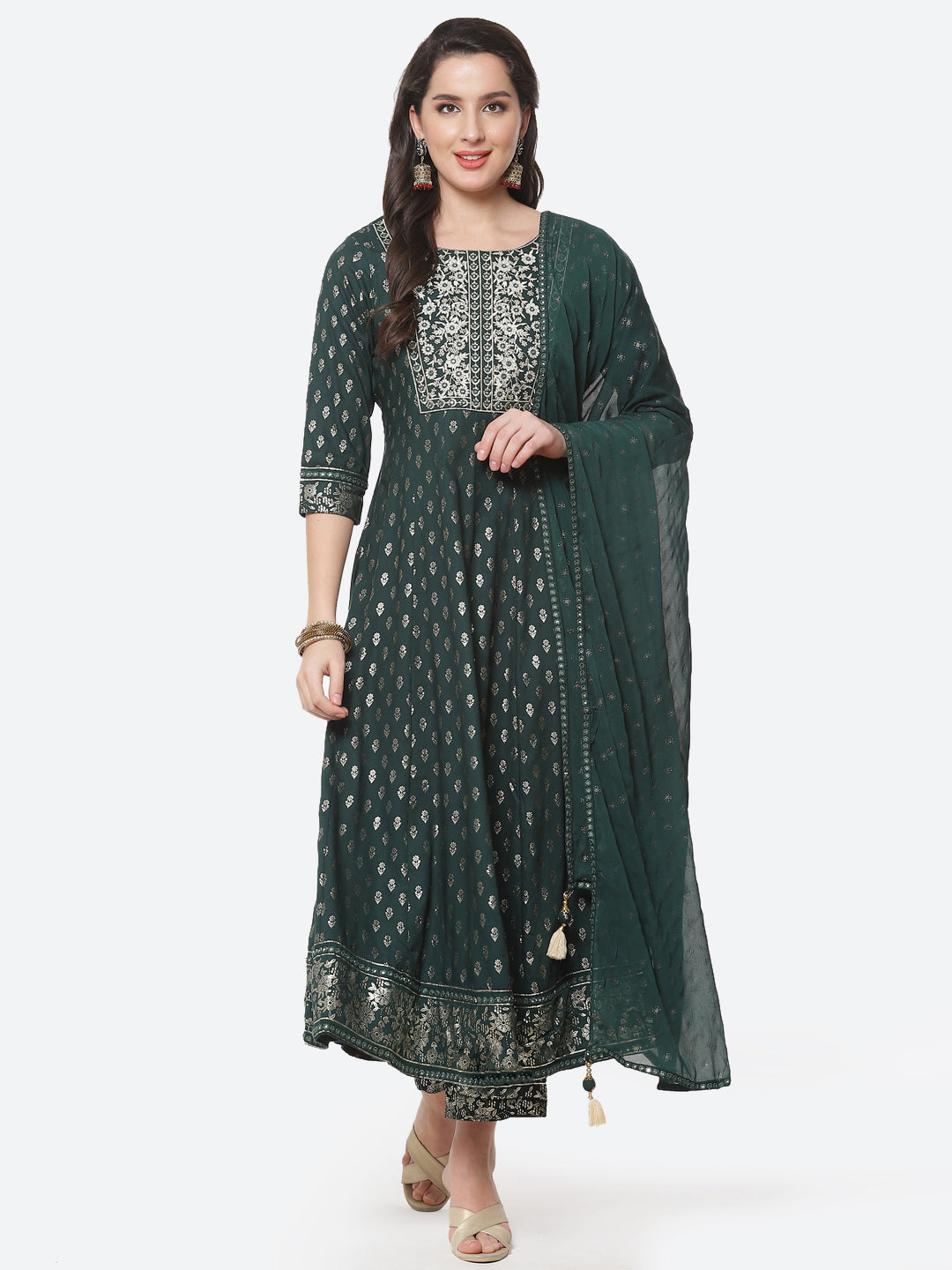 Printed Zari Neck Cotton Stitched Anarkali Salwar Kameez With Chiffon Dupatta