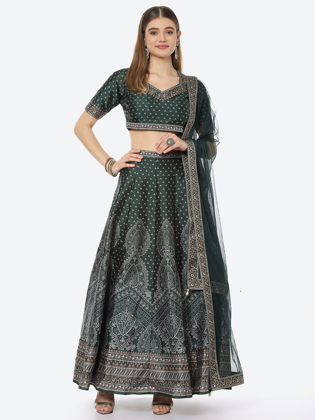 Digital Printed Tussar Silk Choli With Lehenga &amp; Net Dupatta