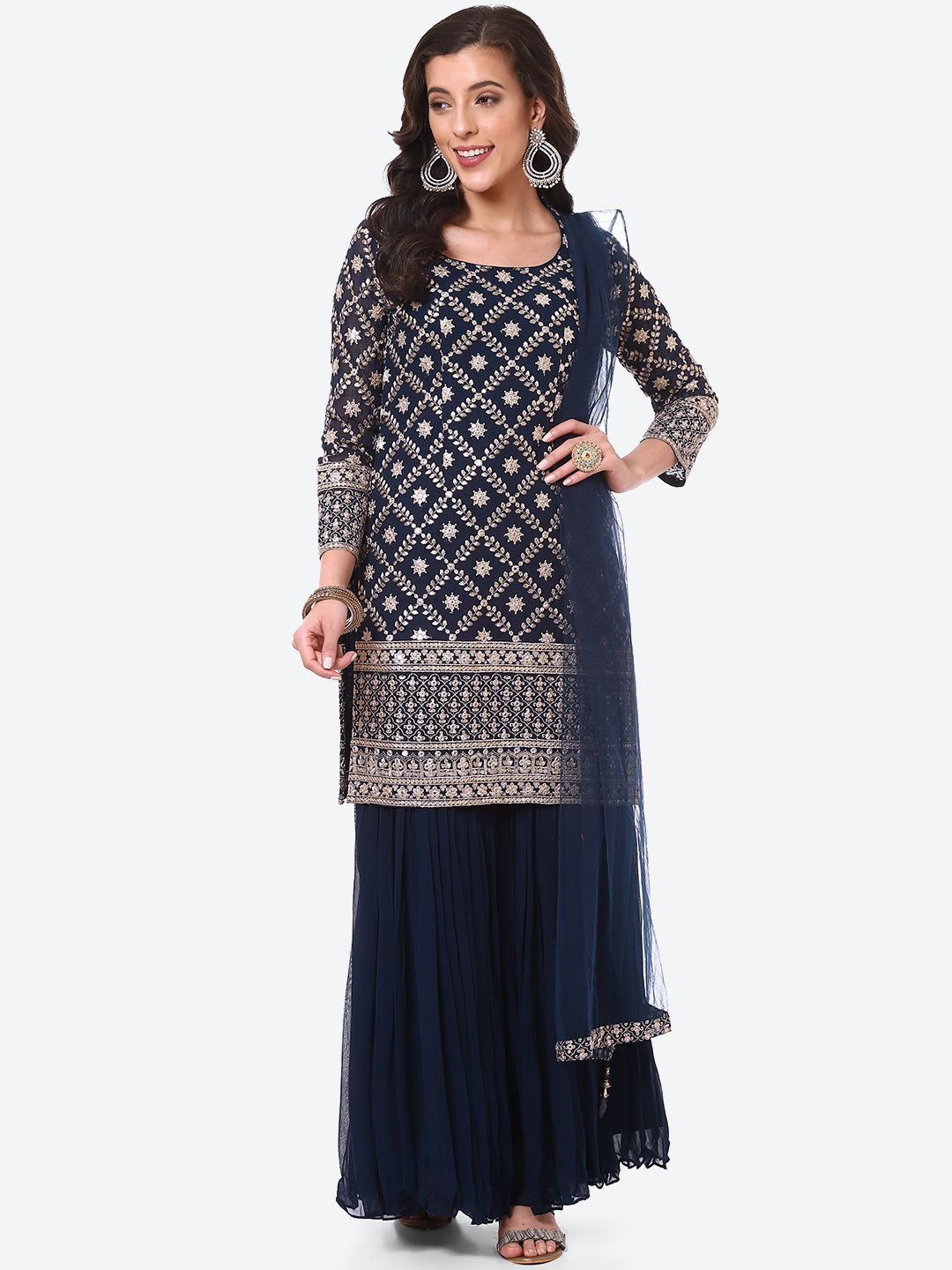 Zari Zaal Embroidered Georgette Kurti With Sharara &amp; Dupatta