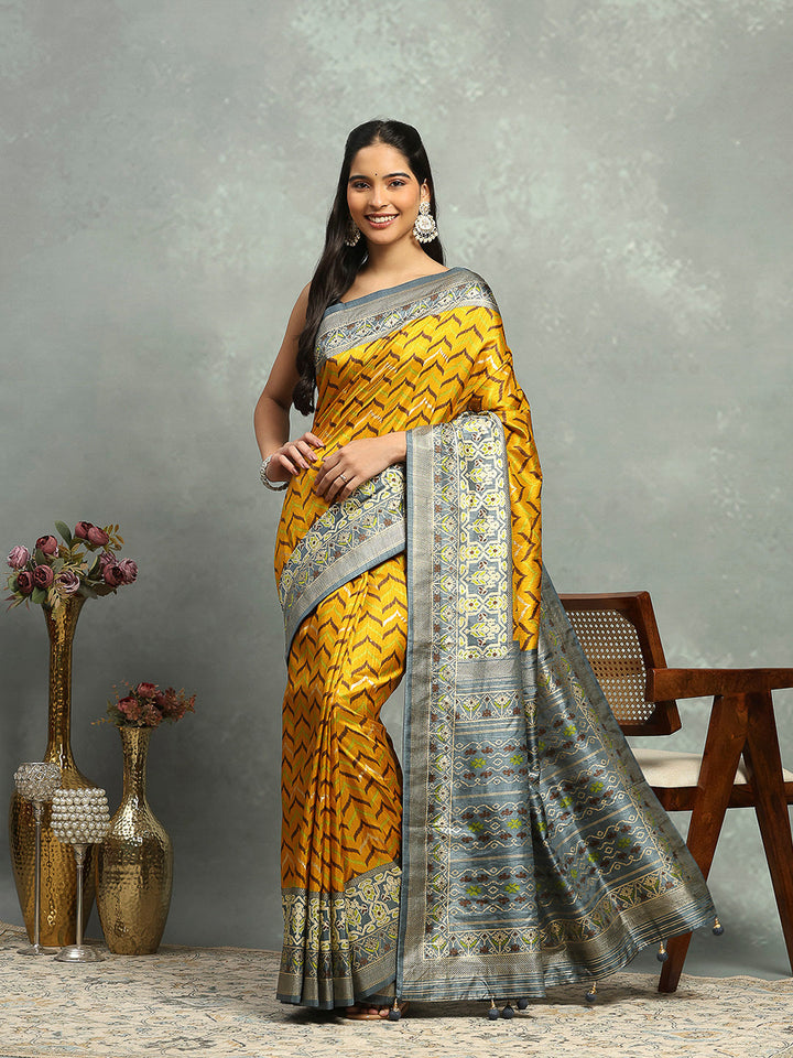 Digital Printed Art Silk Mustard Saree