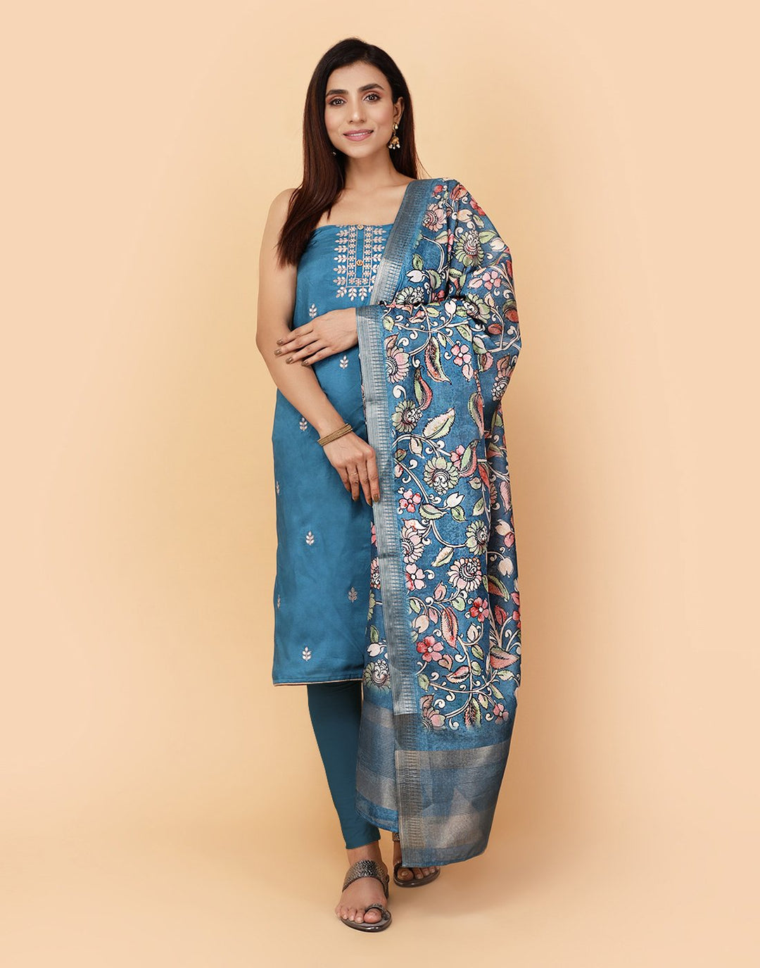 Embroidered Art Handloom Dupion Suit Piece With Printed Dupatta