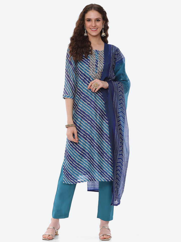Leheriya Gota Work Chanderi Kurta With Pant &amp; Dupatta