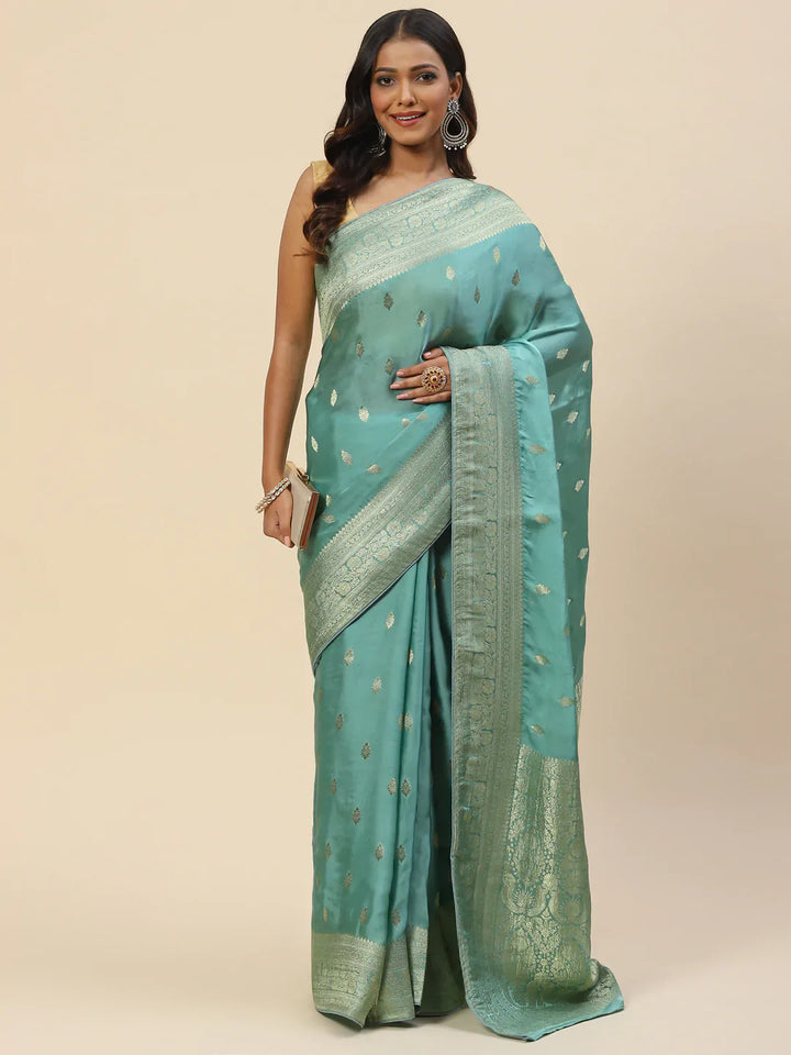 Zari Border Booti Satin Woven Saree