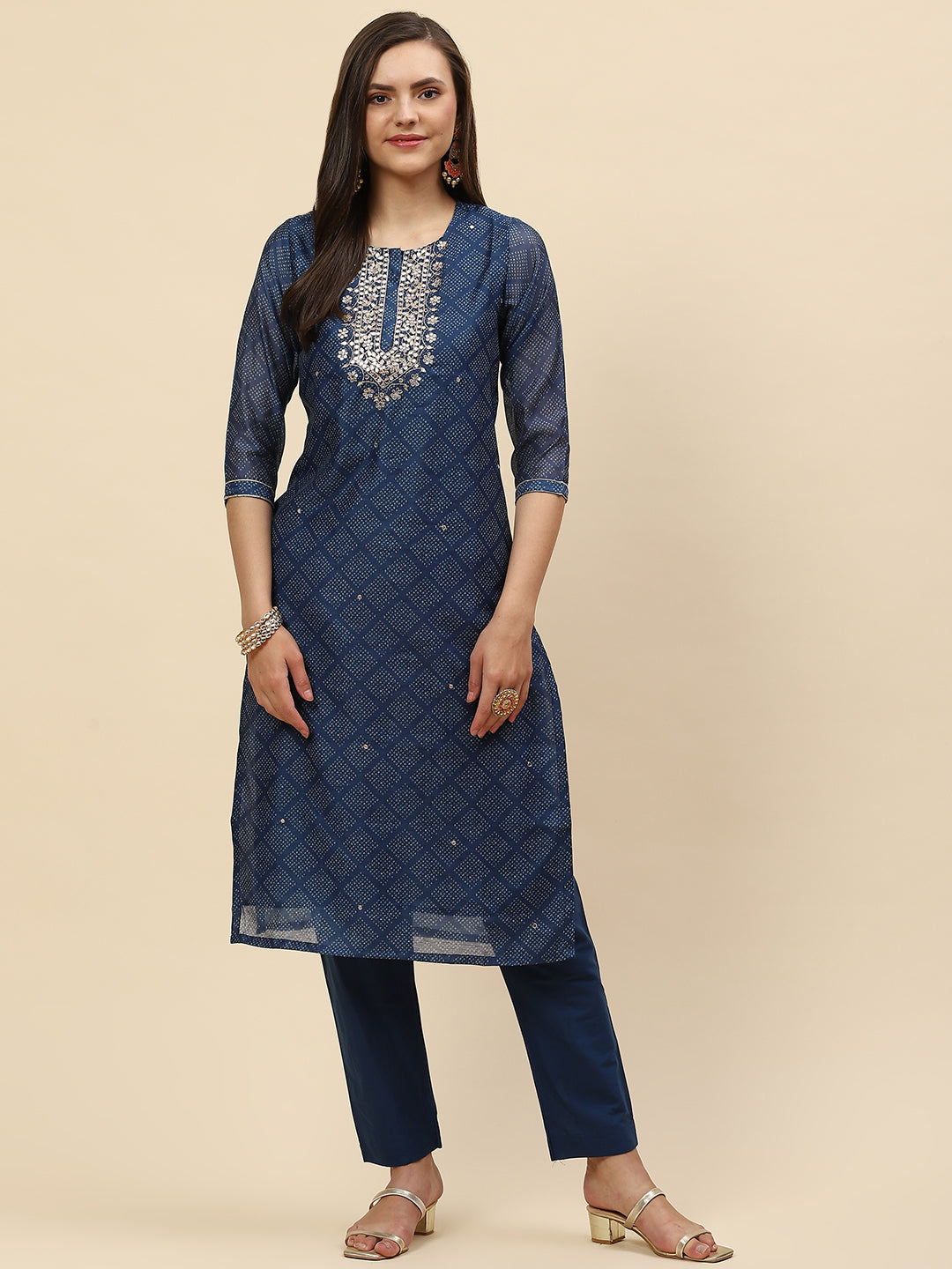 Mirror Embroidered & Printed Chanderi Kurta With Pants